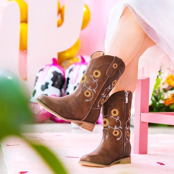 ⚡Girls Brown Floral Embroidered Cowgirl Boots Western Square Toe Mid Calf - Picture 6 of 8